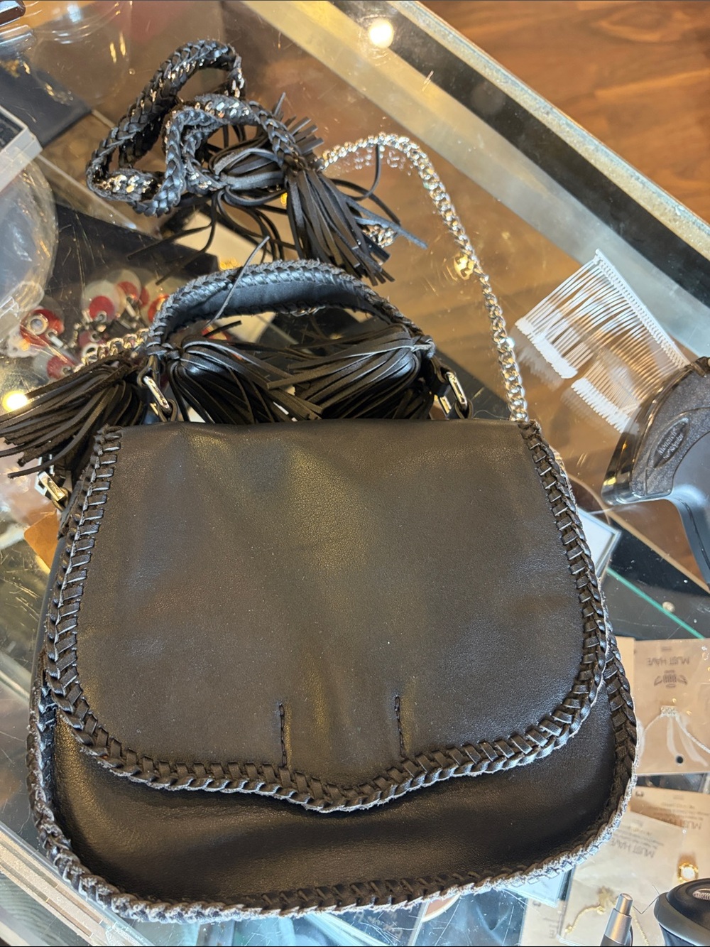 Rebecca Minkoff Black Leather Braided-Trim Crossbody with Tassels